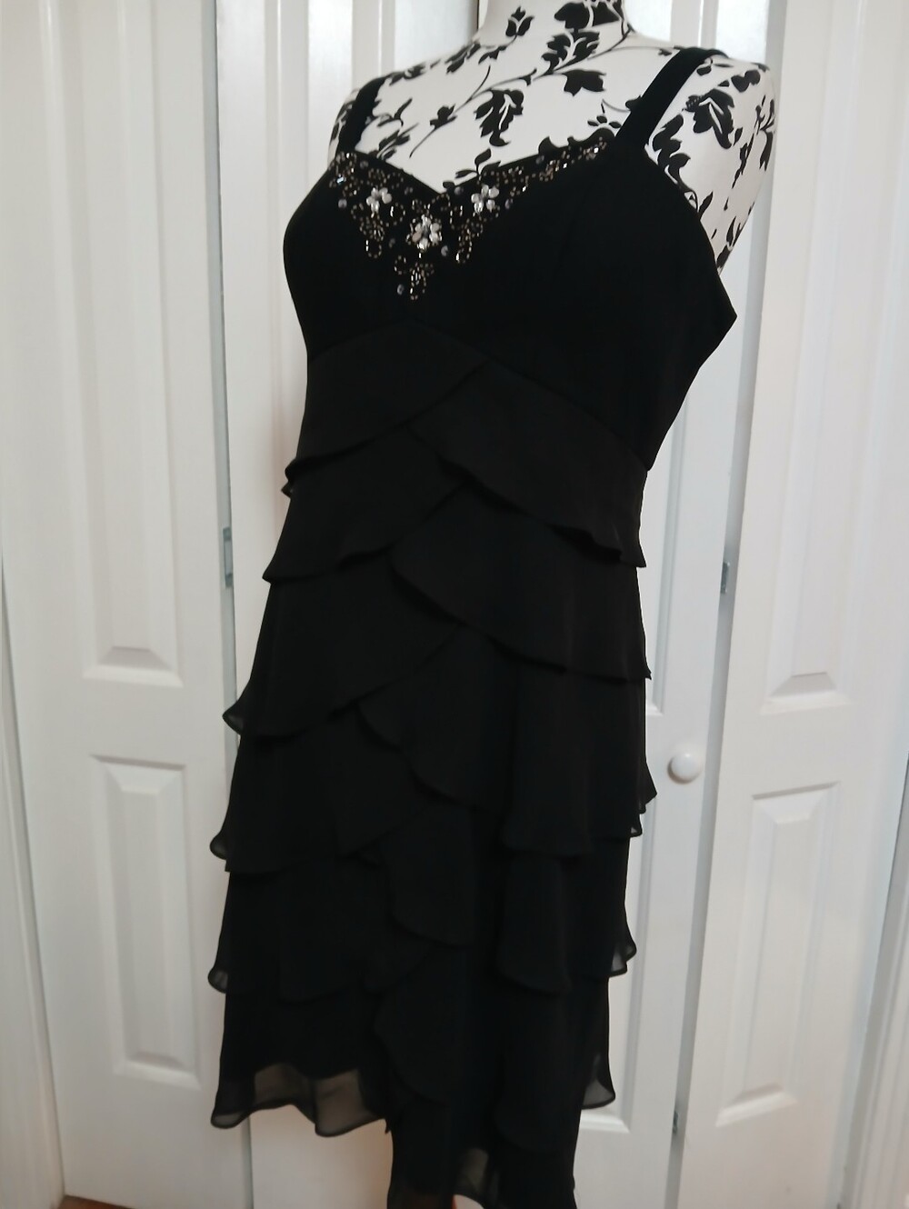 SL Fashions Black Tiered Beaded Cocktail Dress